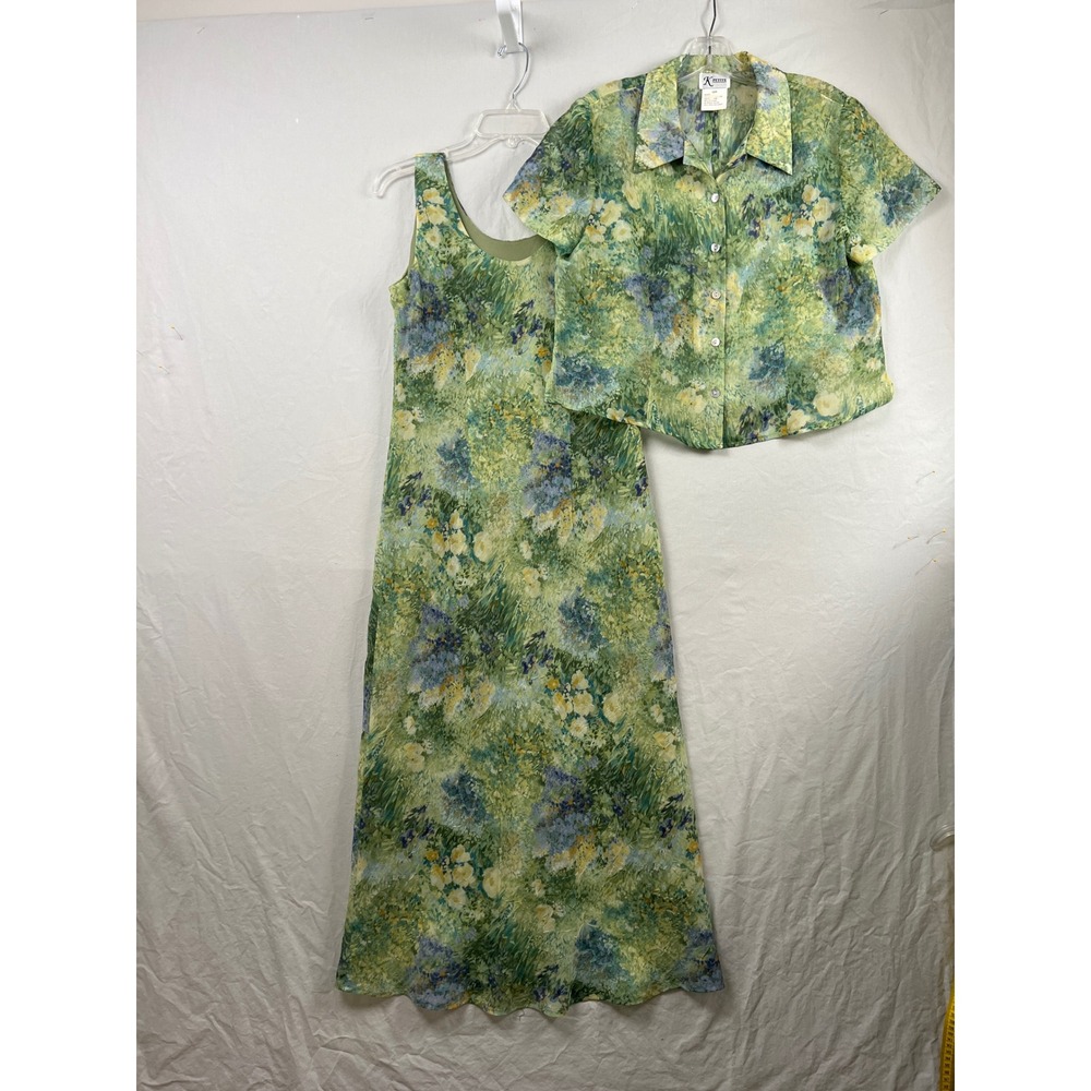 K Petite Y2k Maxi Tank Dress Womens 12P Set Green Floral Impressionist 2 Piece